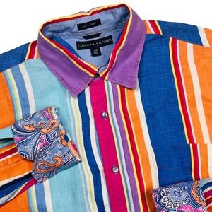 Vintage Tommy Hilfiger Linen Button Up Shirt Men's L Flip Cuff Rainbow Striped